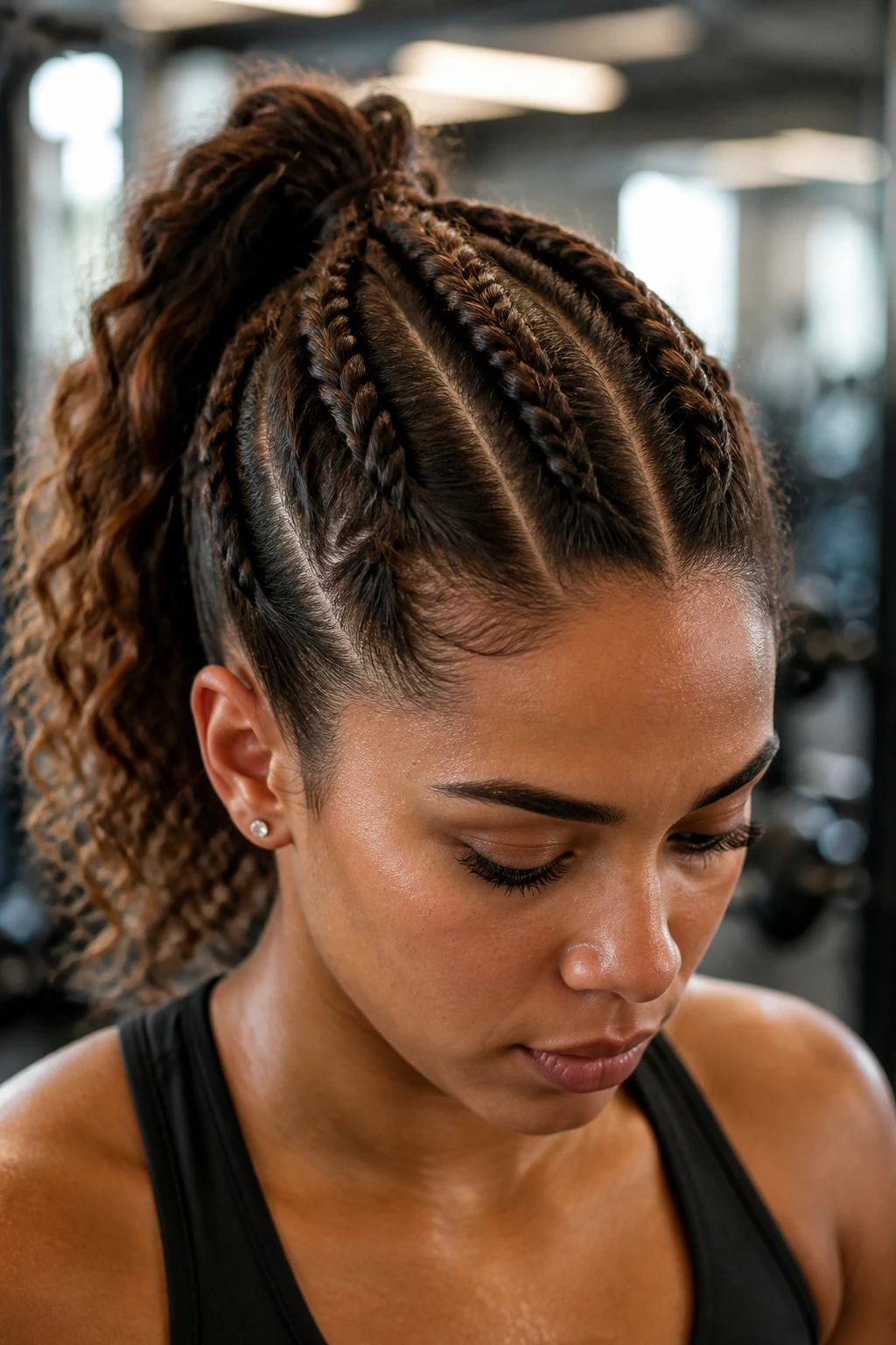 Portrait of a real woman with three crown twists forming a ponytail during exercise