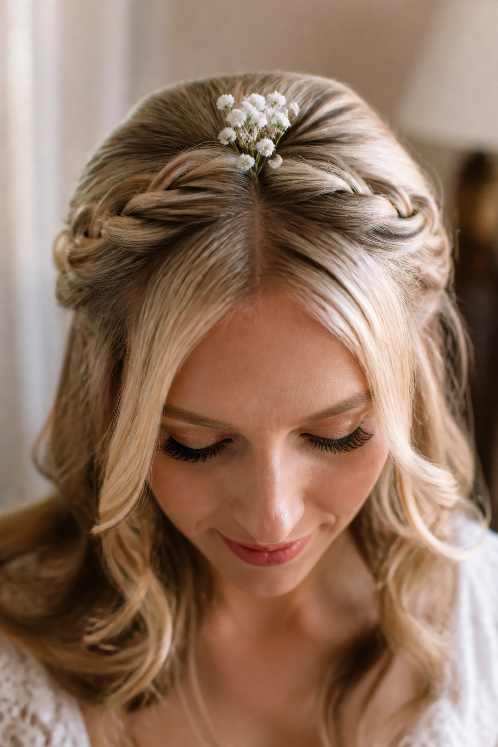 Close-up of a bride with the Classic Twisted Crown Braid centered at the crown.