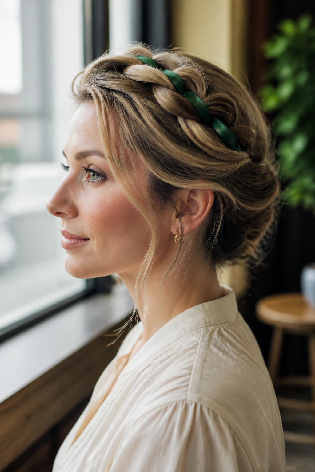 Side view of a real woman wearing a twisted crown braid with a matte forest green ribbon.