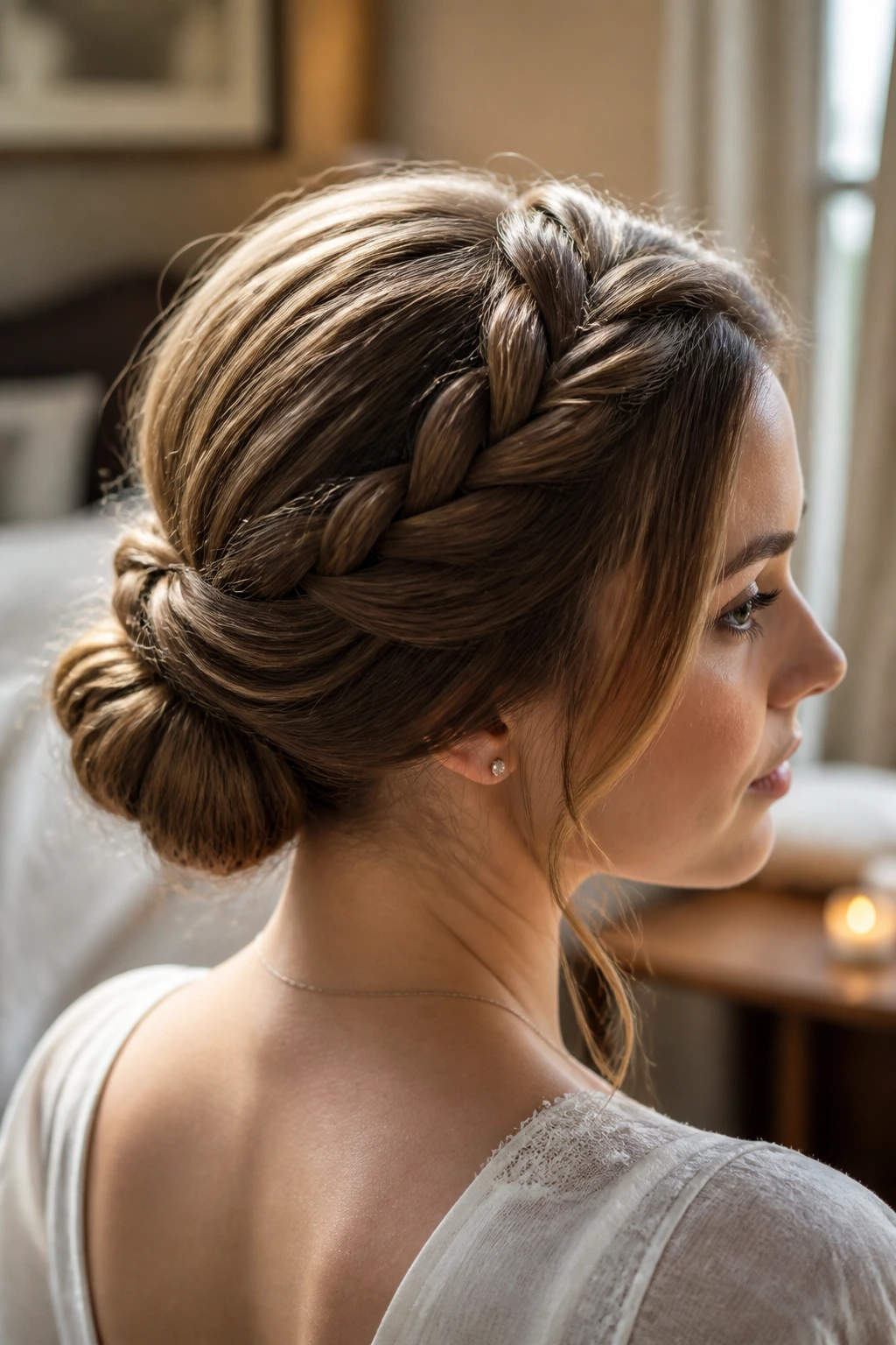 Close-up of a real woman with a twisted crown bun, showcasing crown twists and low bun in warm window light