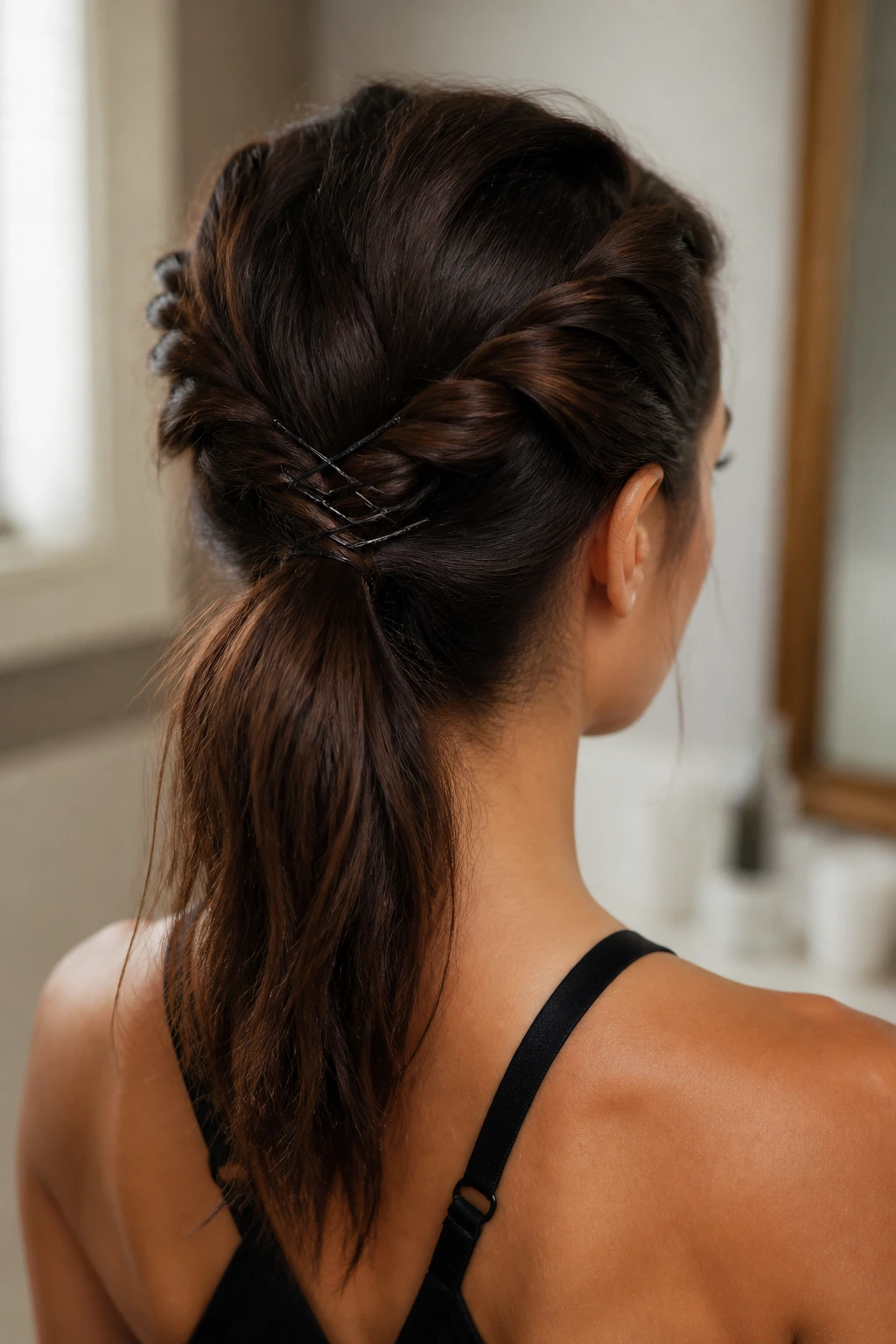 Back view of a real woman with double twisted crown and chevron pins