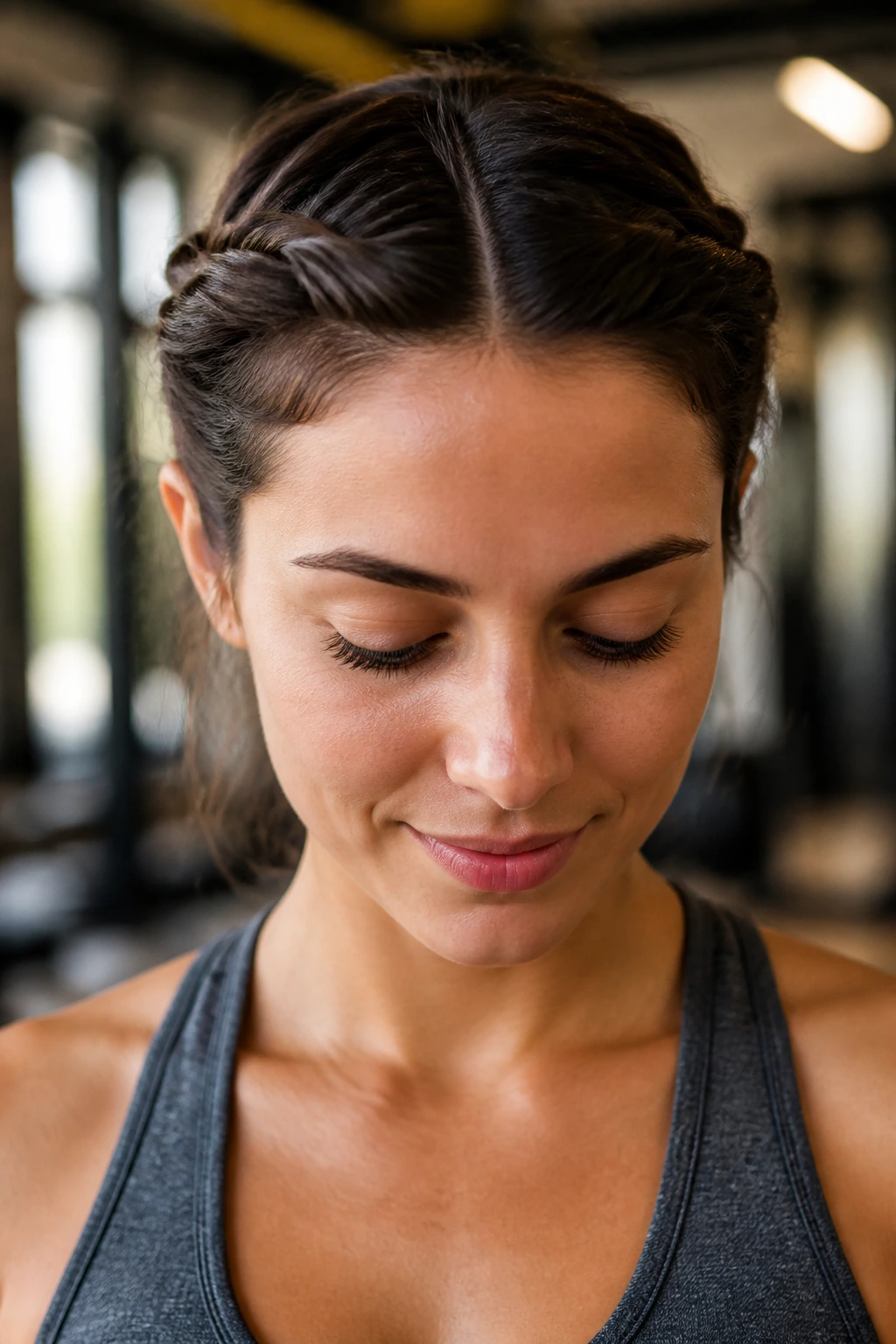 Twisted crown hairstyle on a real person during workout.