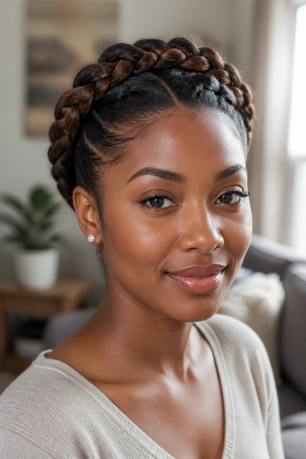 Close-up of a real woman wearing a twisted crown hairstyle
