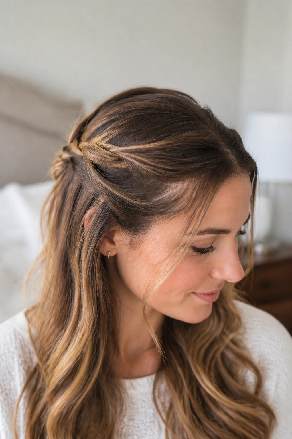 Close-up of a real woman showing crown twists pinned at the back