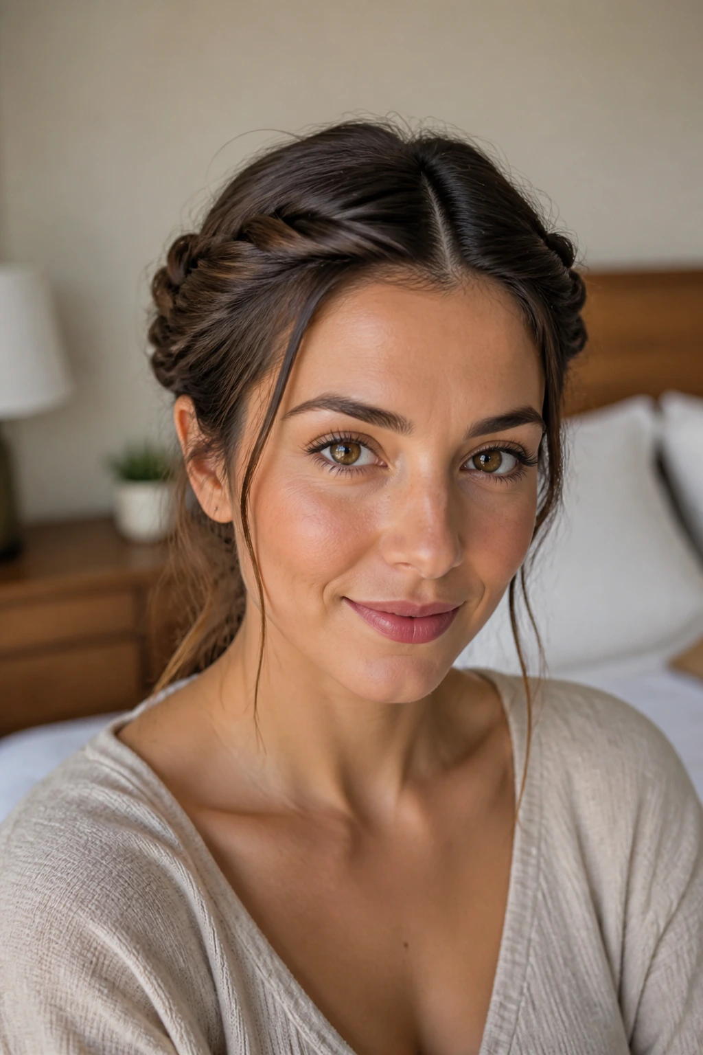 Close-up of a real woman wearing a twisted crown hairstyle along the hairline.