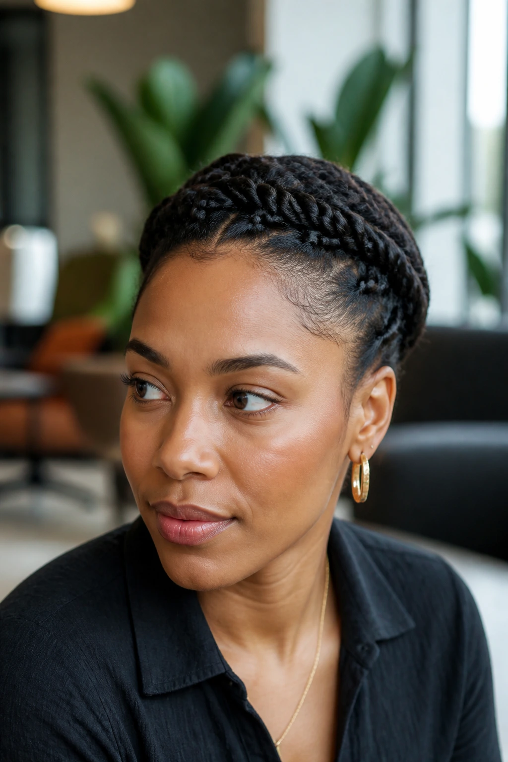 Portrait of a real person with a twisted crown hairstyle in an office setting.