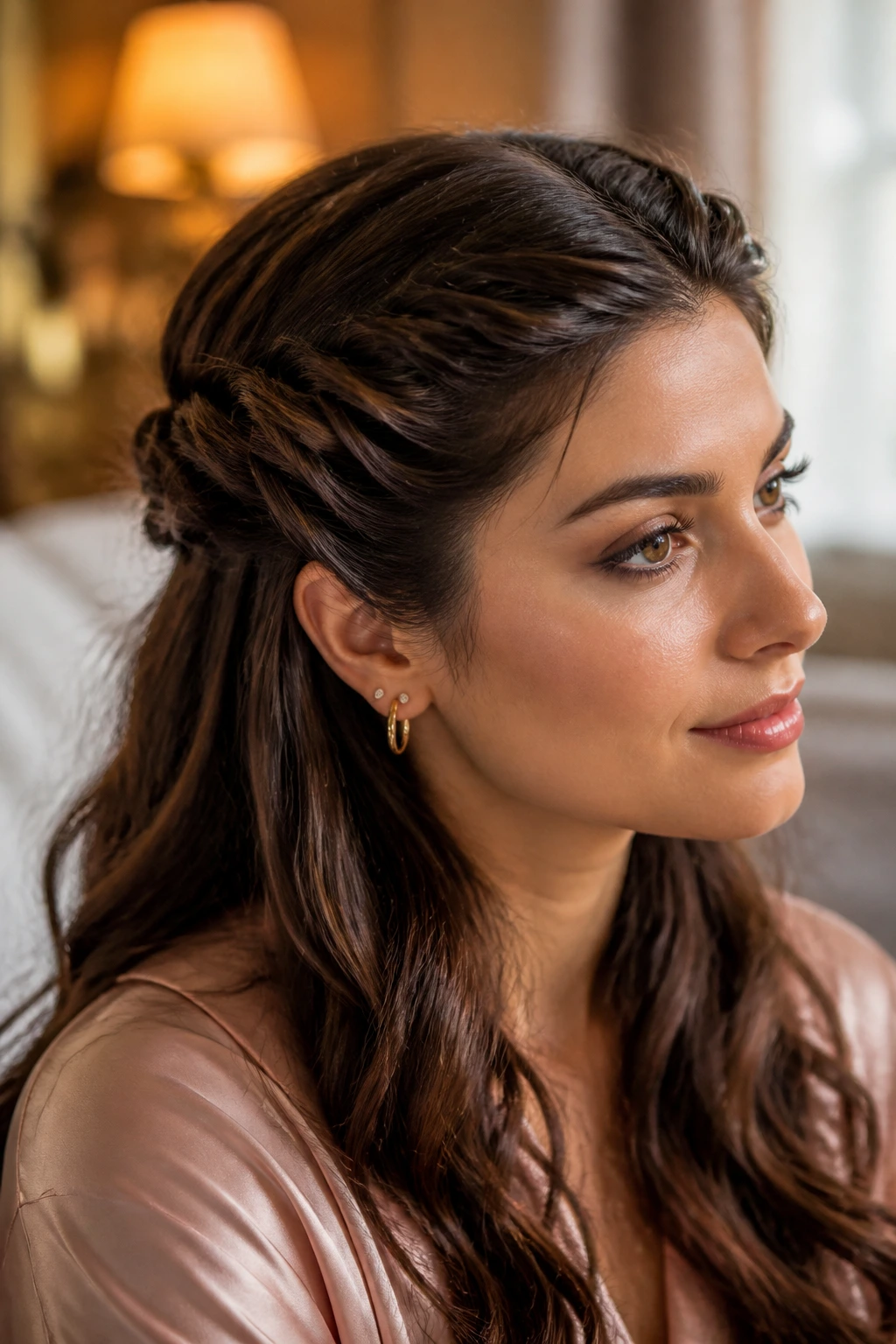 Portrait of a real woman showing two temple twists pinned at the back