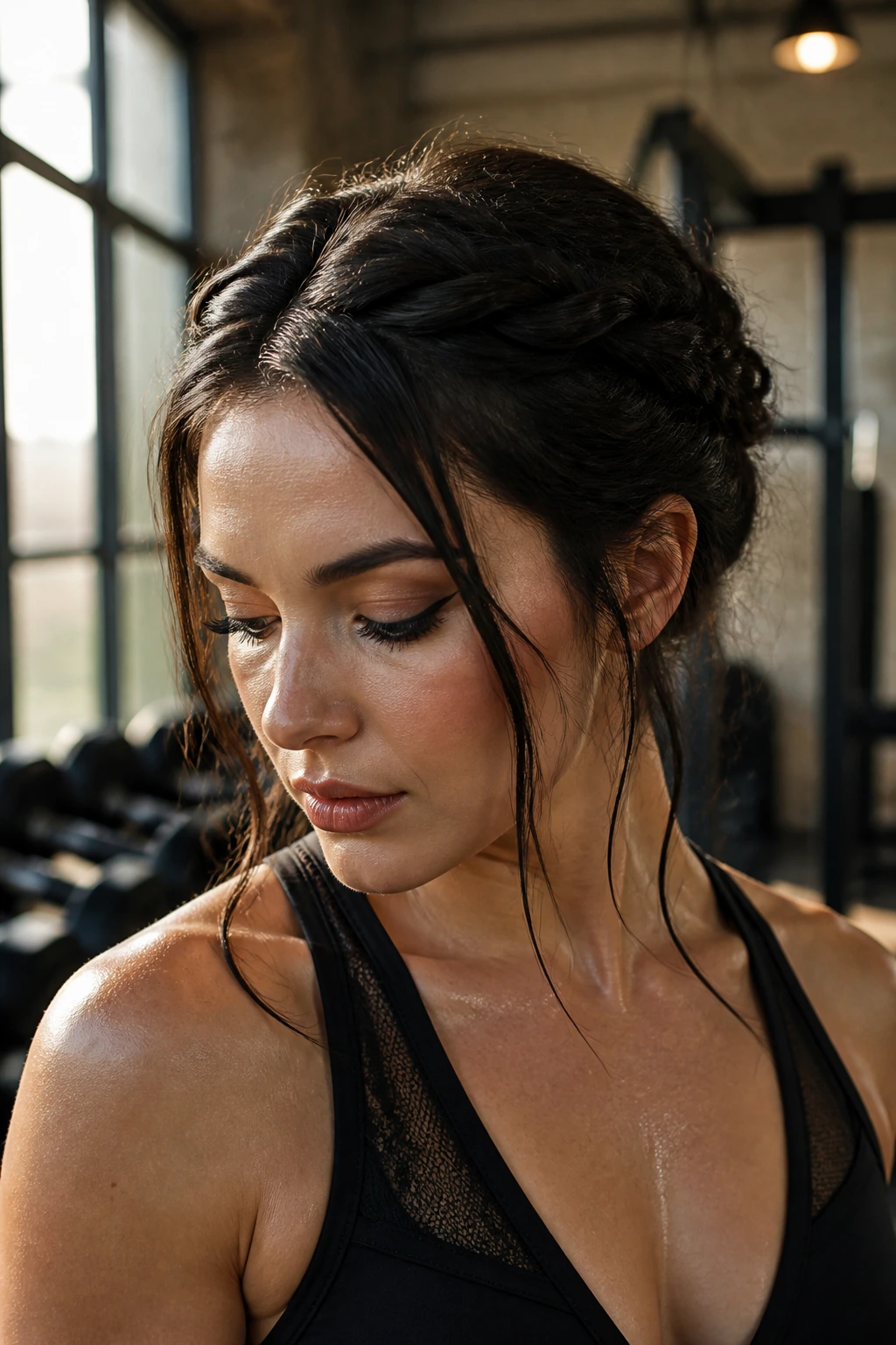 Close-up of a real woman wearing a pin-back twisted crown hairstyle in a gym