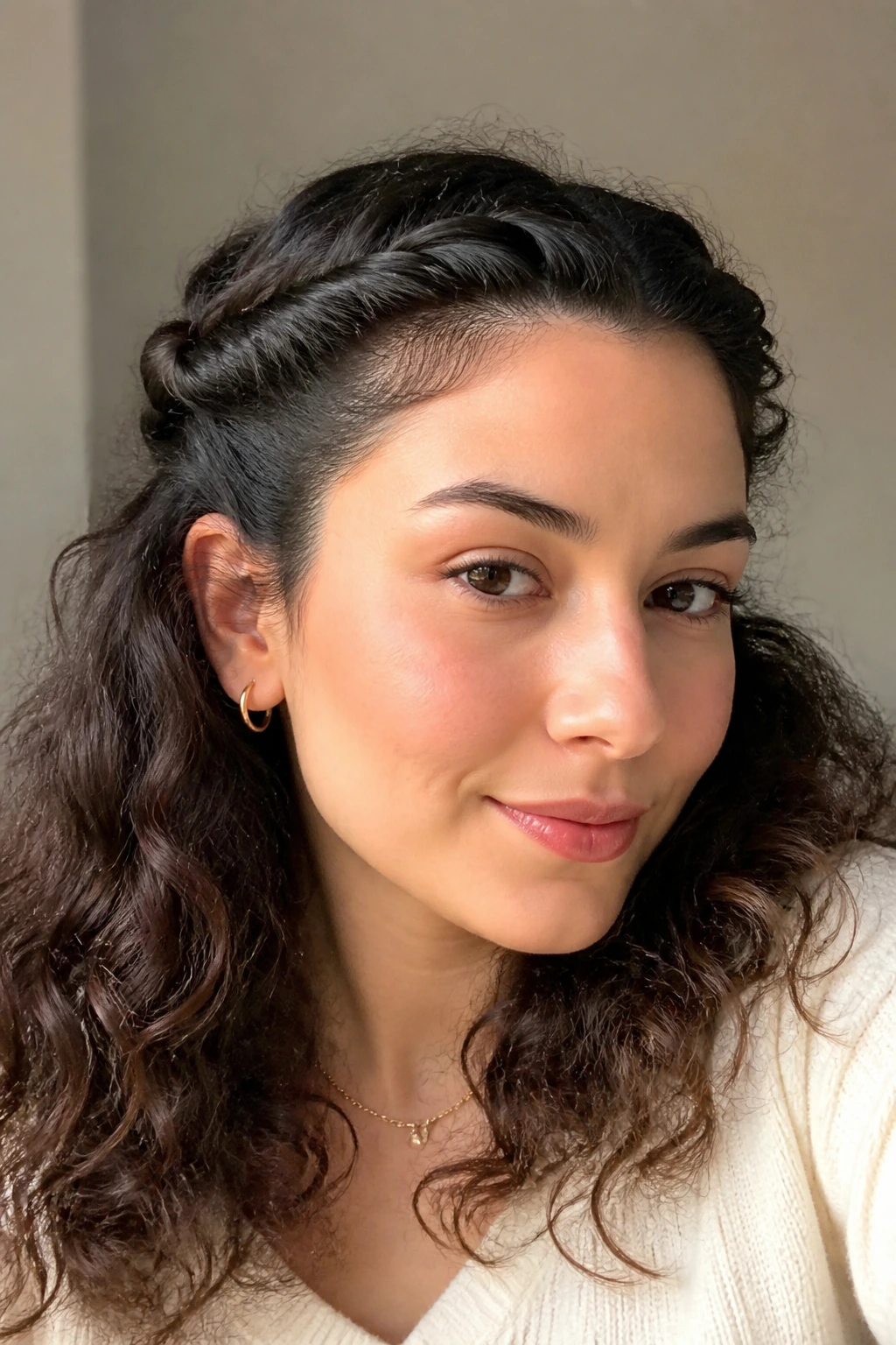 Close-up of a real person with twisted front crown hairstyle