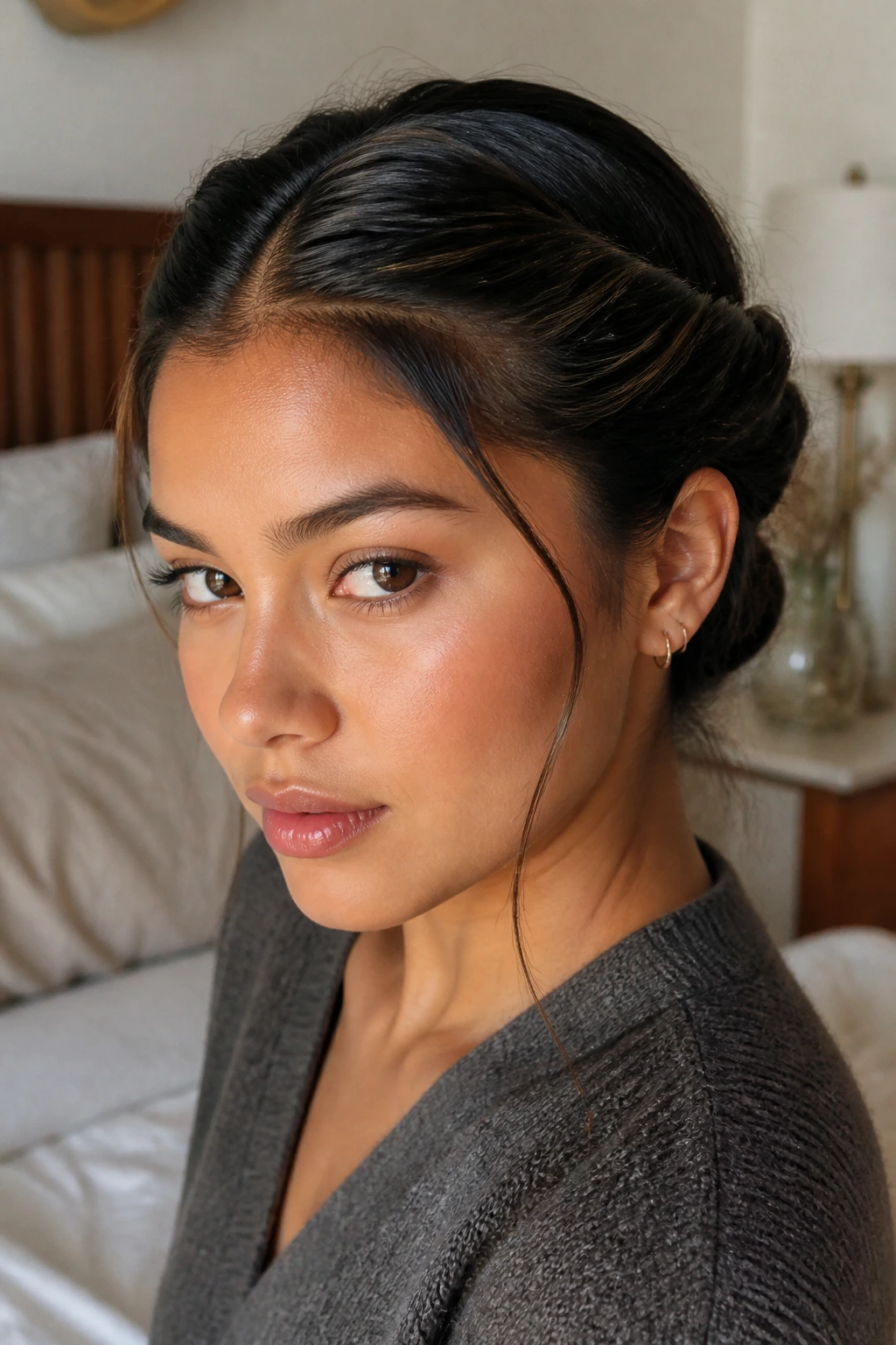 Close-up of a real woman wearing the twisted crown hairstyle with front twists forming a crown