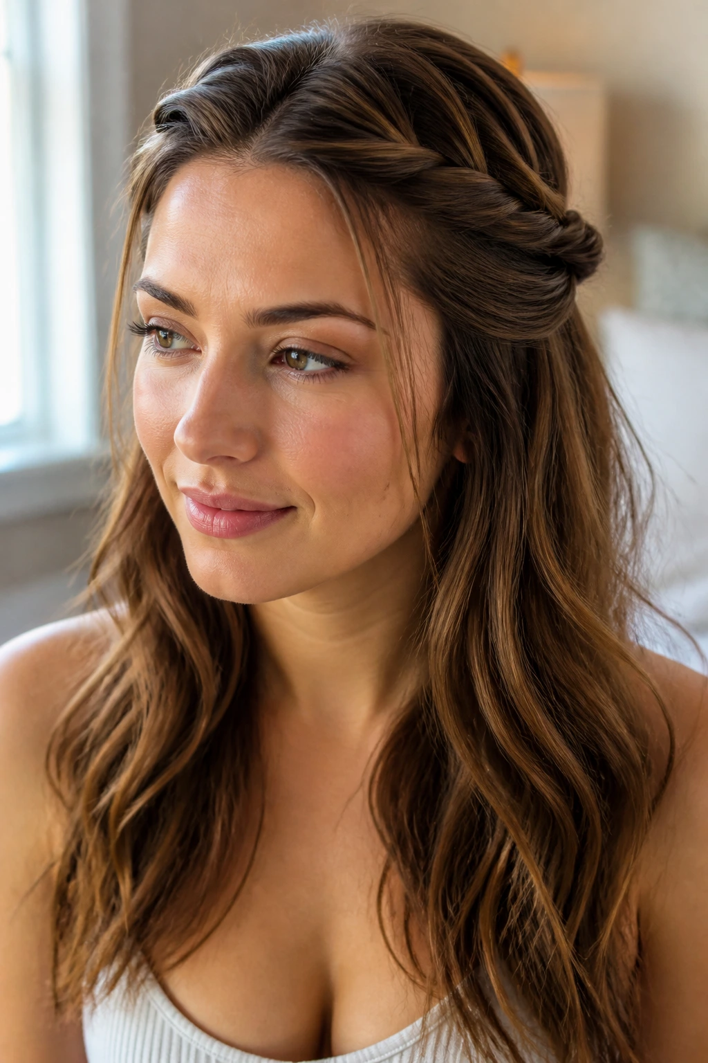 Close-up of a woman with twisted waterfall half-up crown in a cozy bedroom light