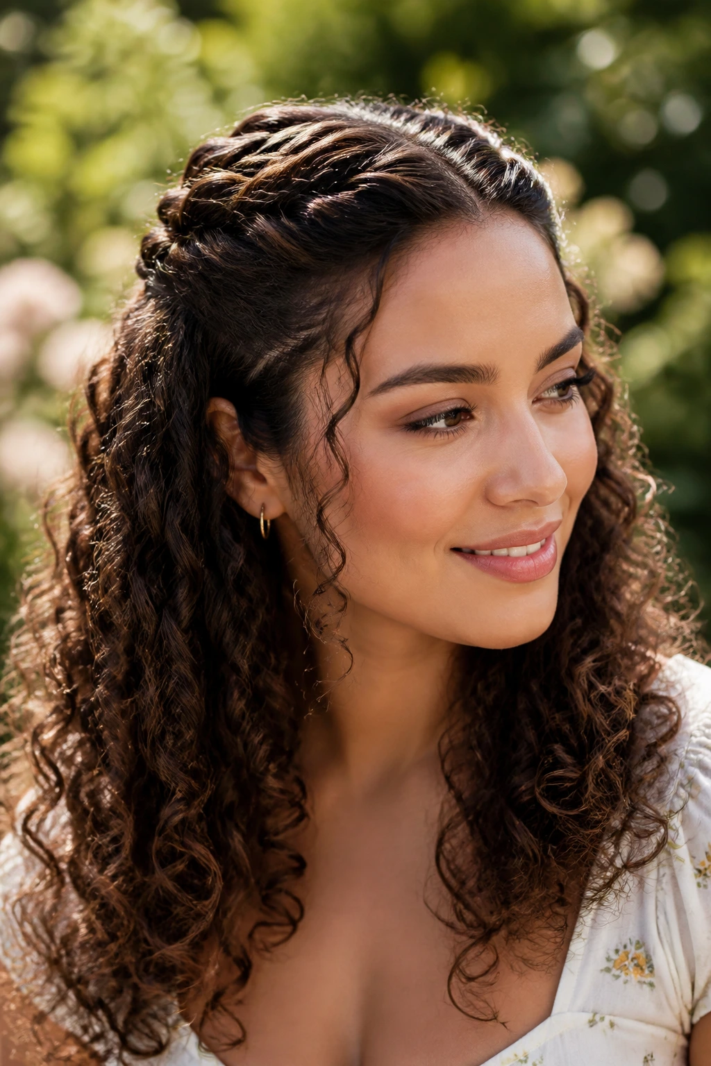 Close-up of real woman with twisted crown half-up hairstyle.