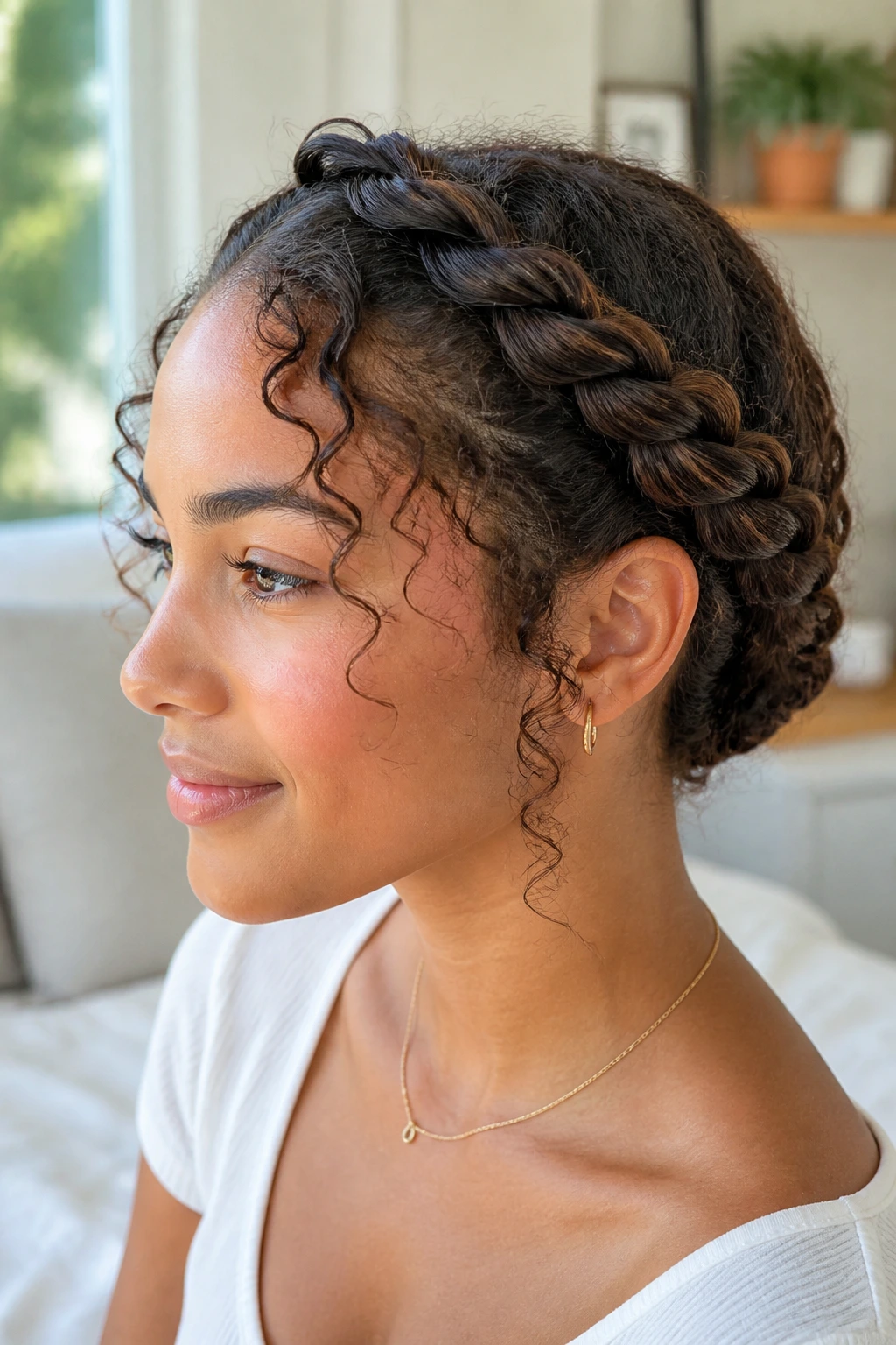 Close-up of a real person wearing a twisted crown halo braid