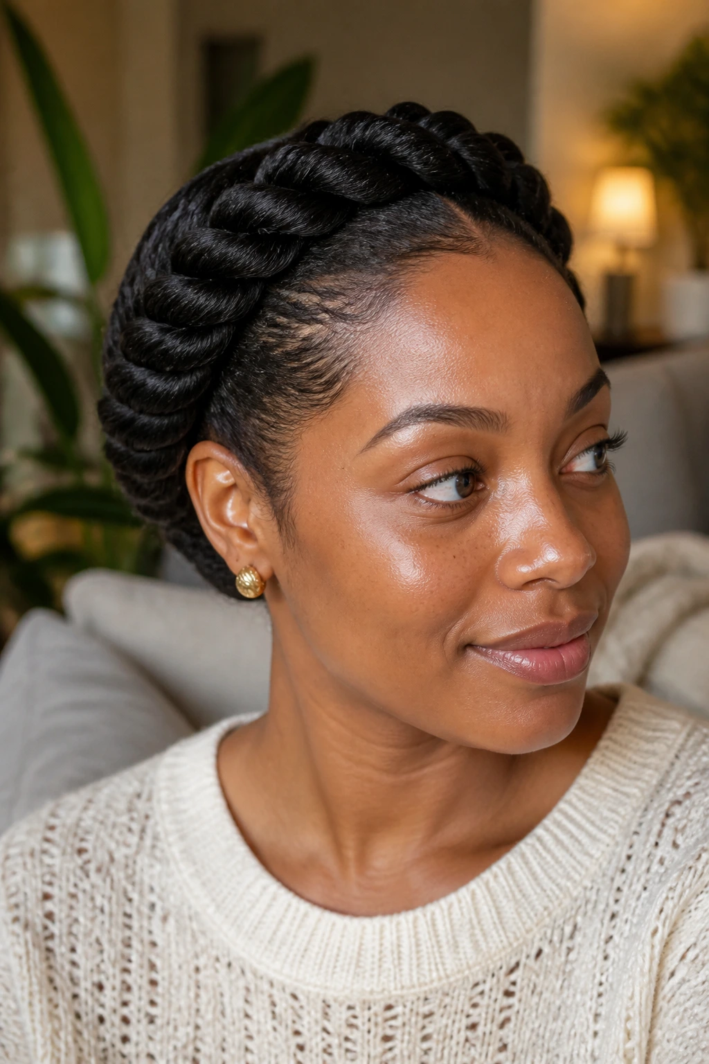 Two-strand twists forming a crown halo around the head
