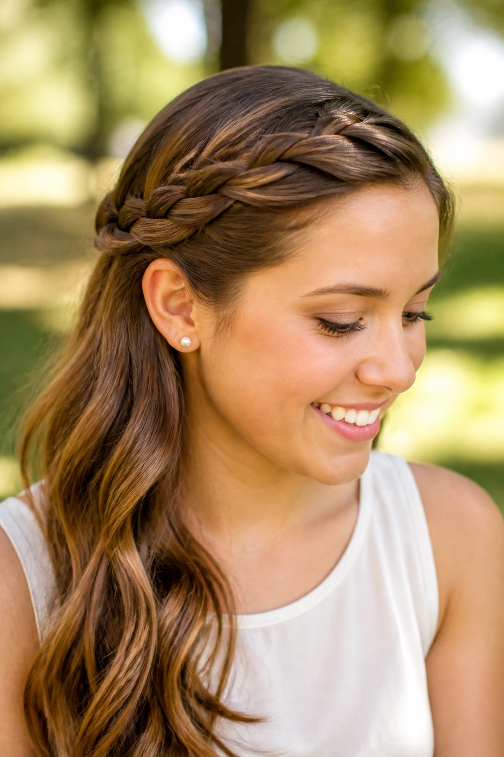 Close-up portrait of a woman with a twisted crown side sweep