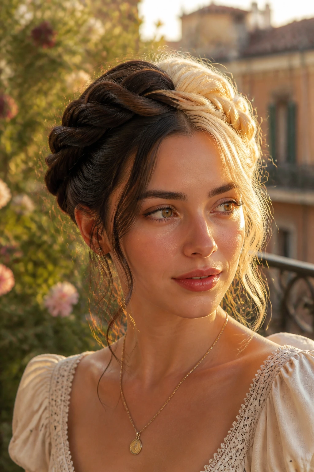 Close-up of a real person with a twisted crown updo