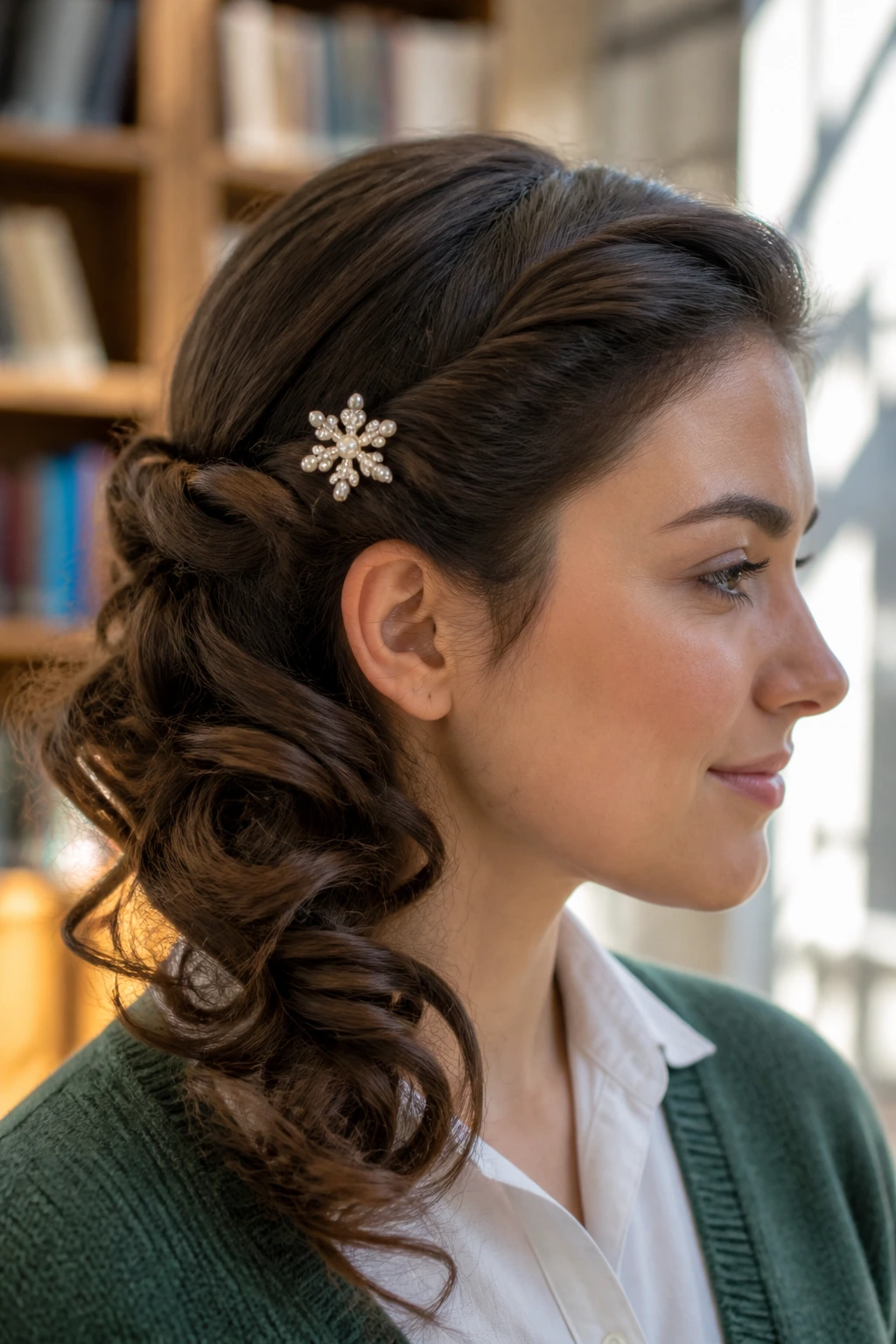 Close-up of a real woman with twisted side-swept curls pinned with a snowflake clip in a school setting