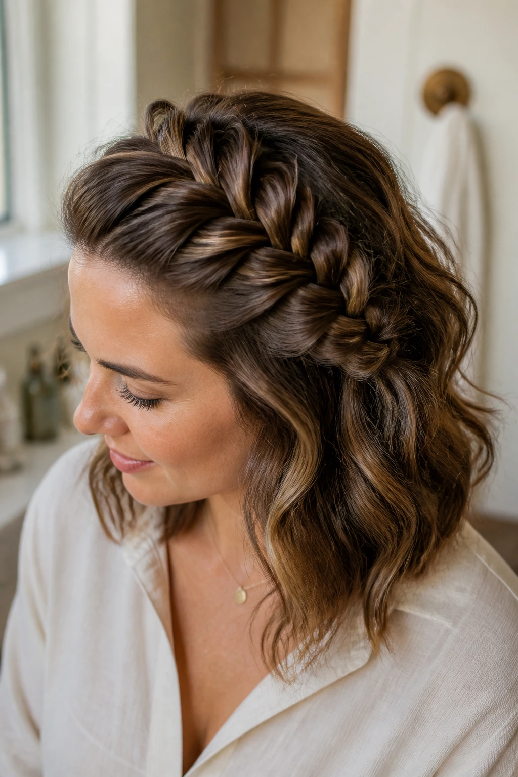 Close-up of a real woman with a rope-like twisted French braid in soft window light
