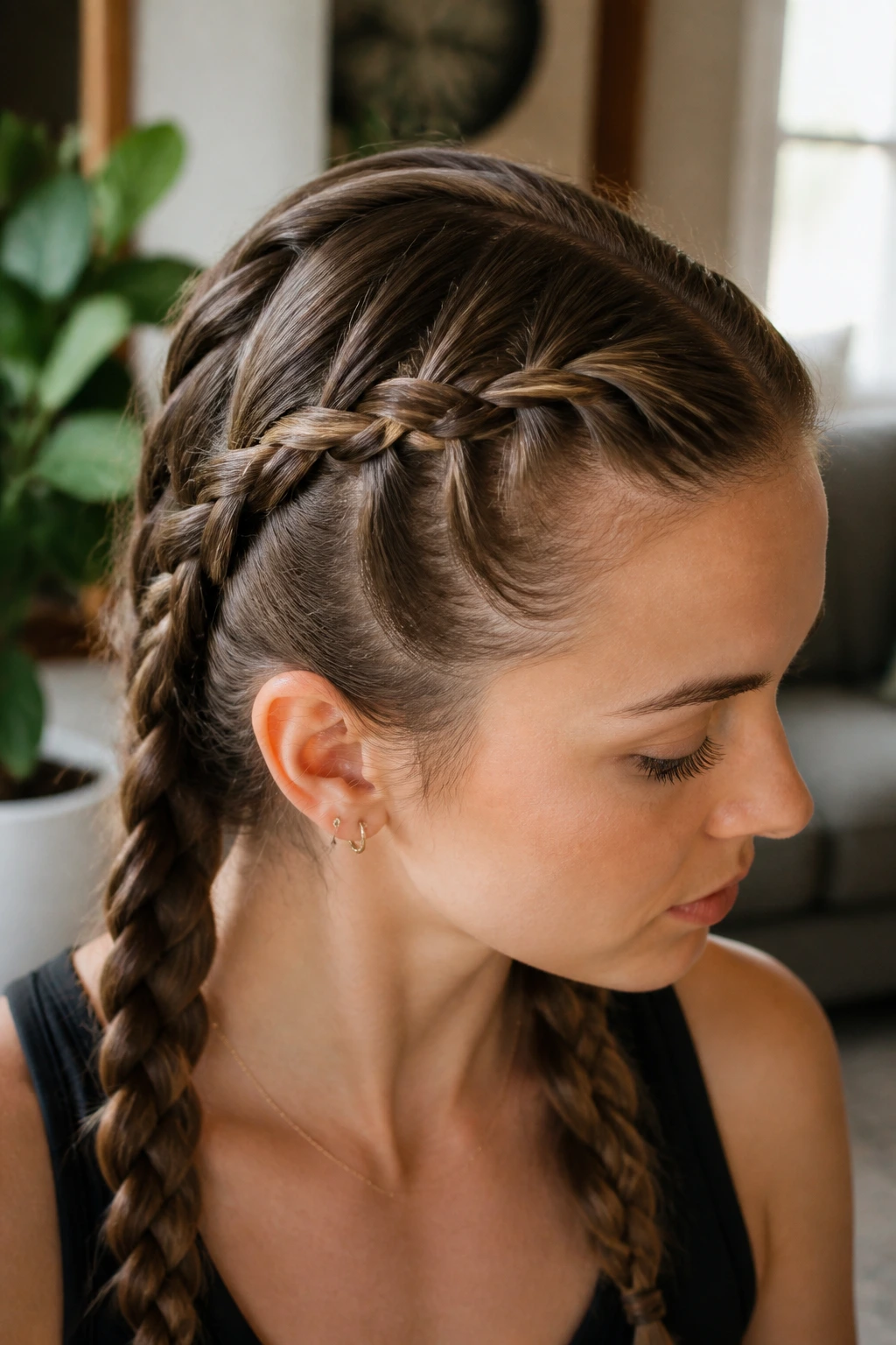 Profile of real woman with twisted French braid along the scalp
