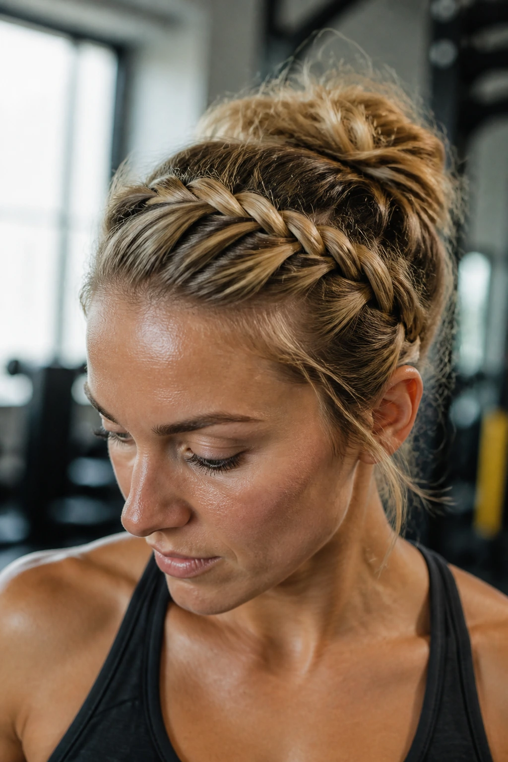 Close-up portrait of a real person with a twisted rope-like French braid headband