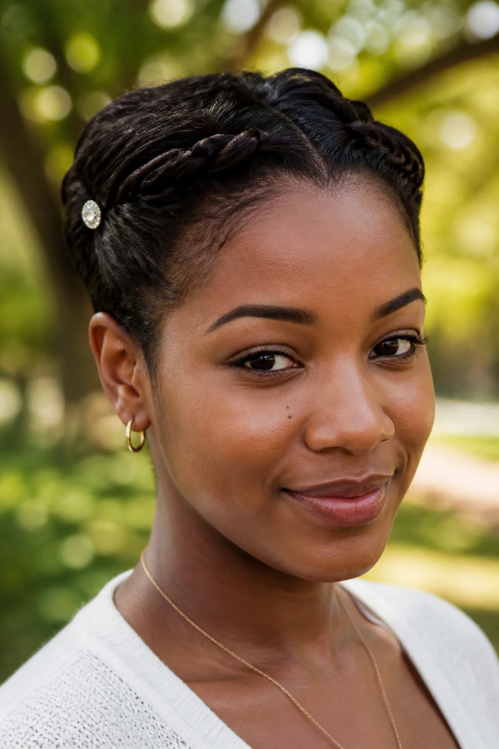 Close-up of a real woman with twisted front braids at the temples in a park setting