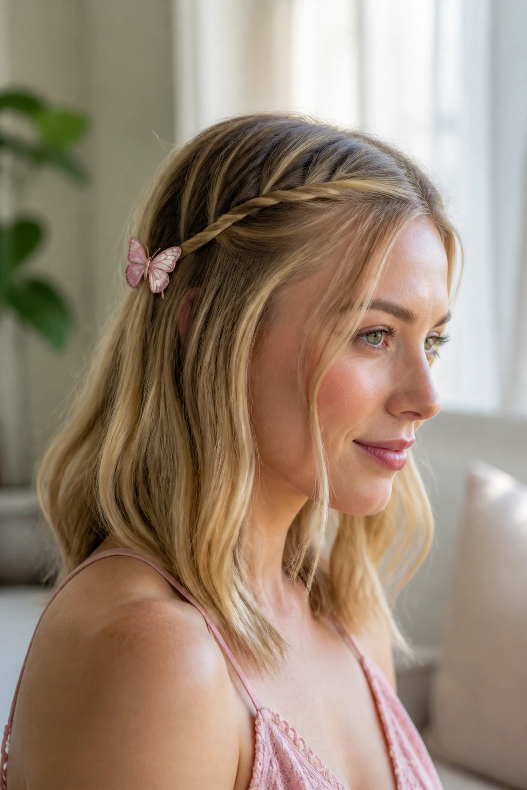 Close-up of a real woman showing twisted front sections and a pink butterfly clip at the ends.