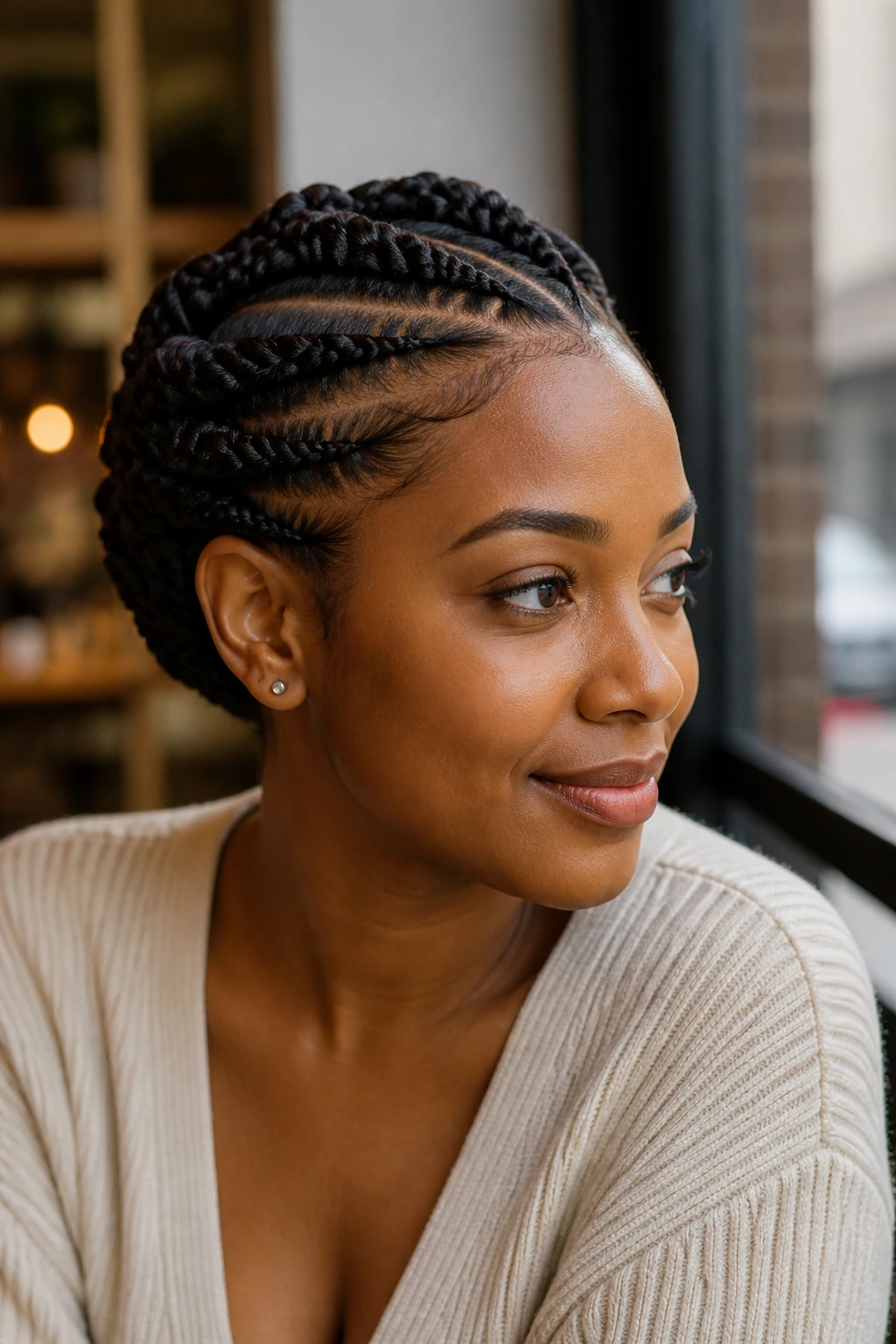Close-up of a real woman with twisted goddess braids