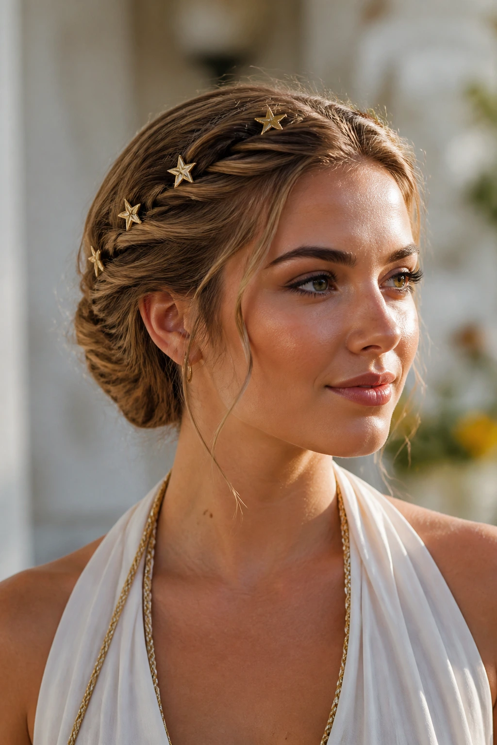 Close-up of a woman with twisted front sections pinned into a chignon with star pins