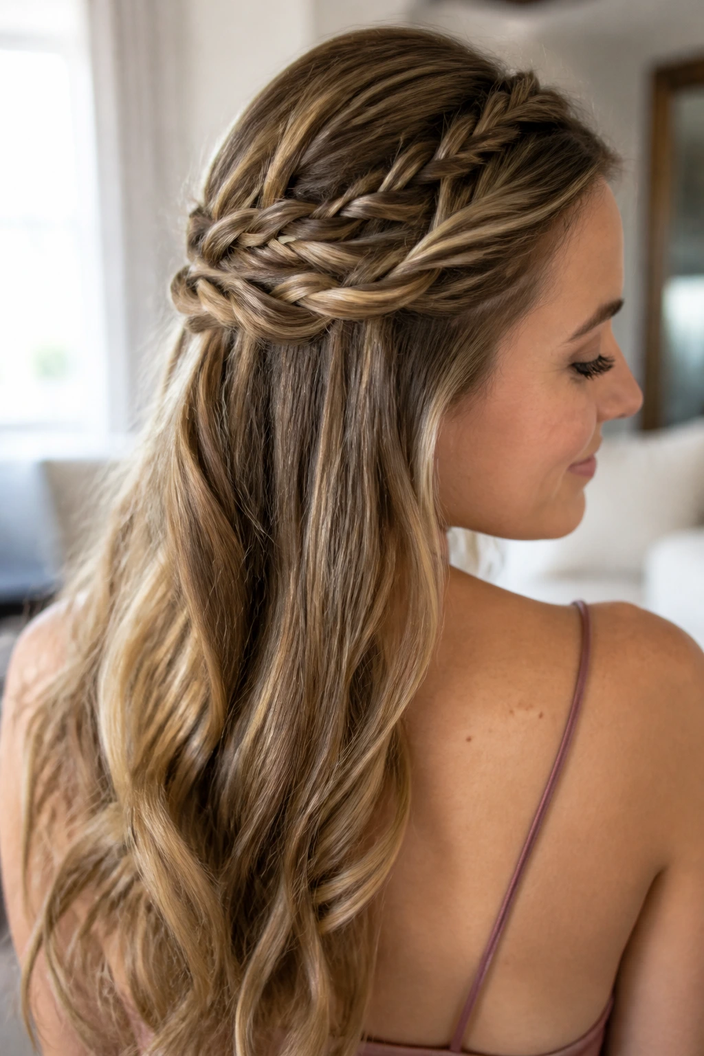 Portrait of woman with triple twist half-updo against soft living room backdrop