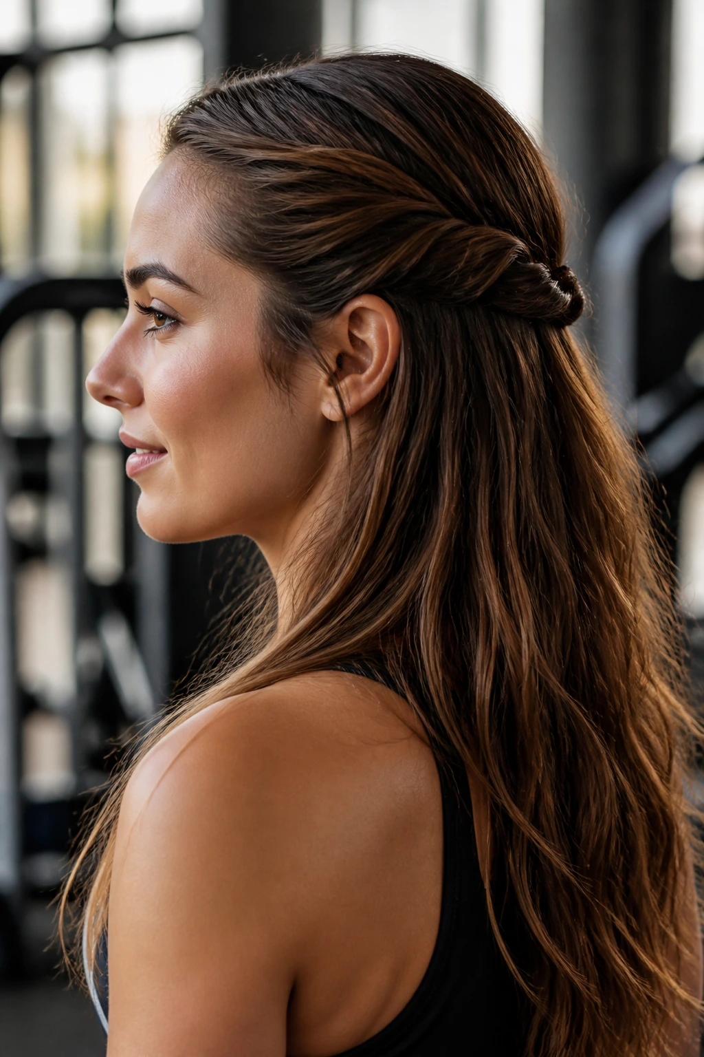 Close-up of a real person with a twisted half-up braid during a workout.