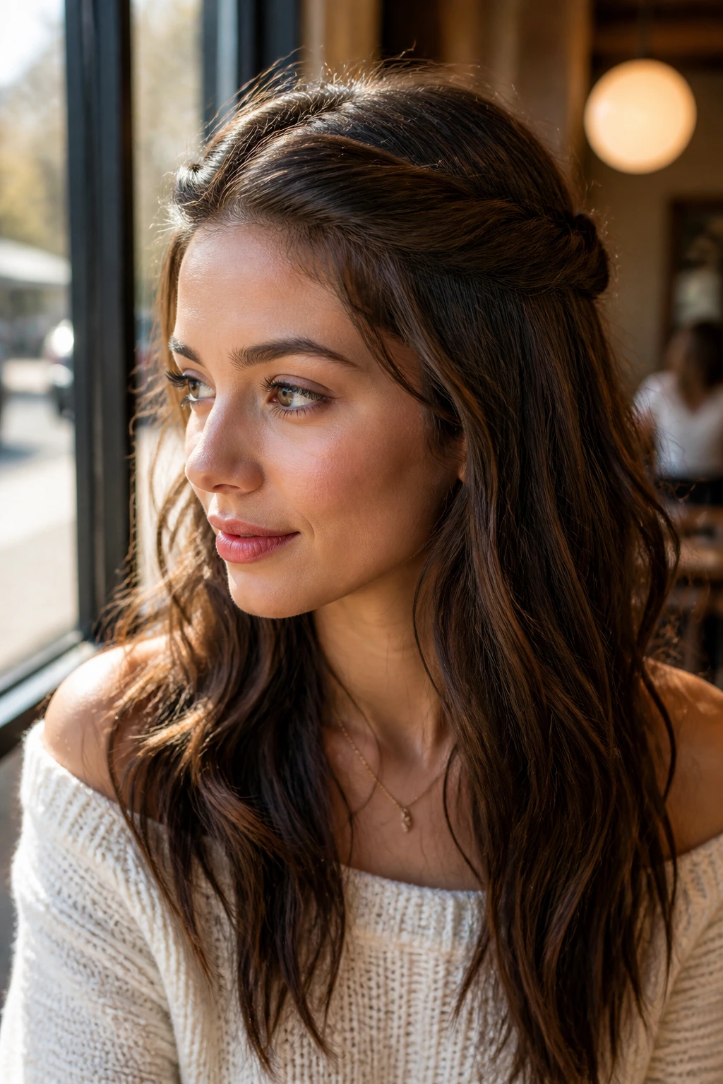 Close-up portrait of a real woman with twisted half-up crown hairstyle