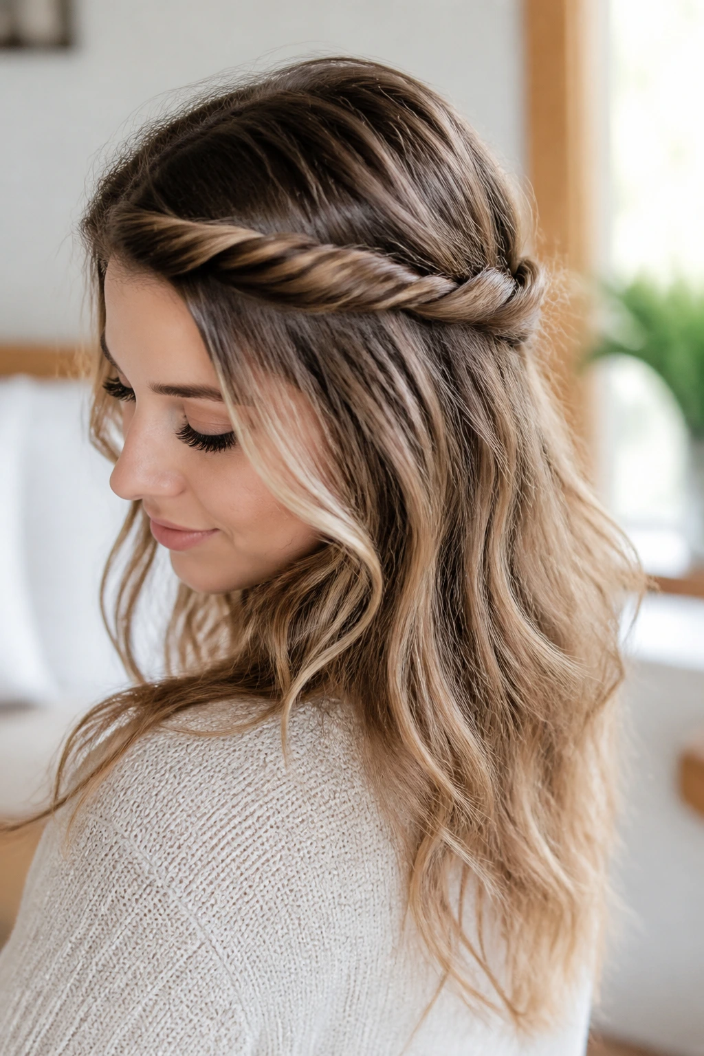 Close-up of a real woman with twisted half-up crown hairstyle