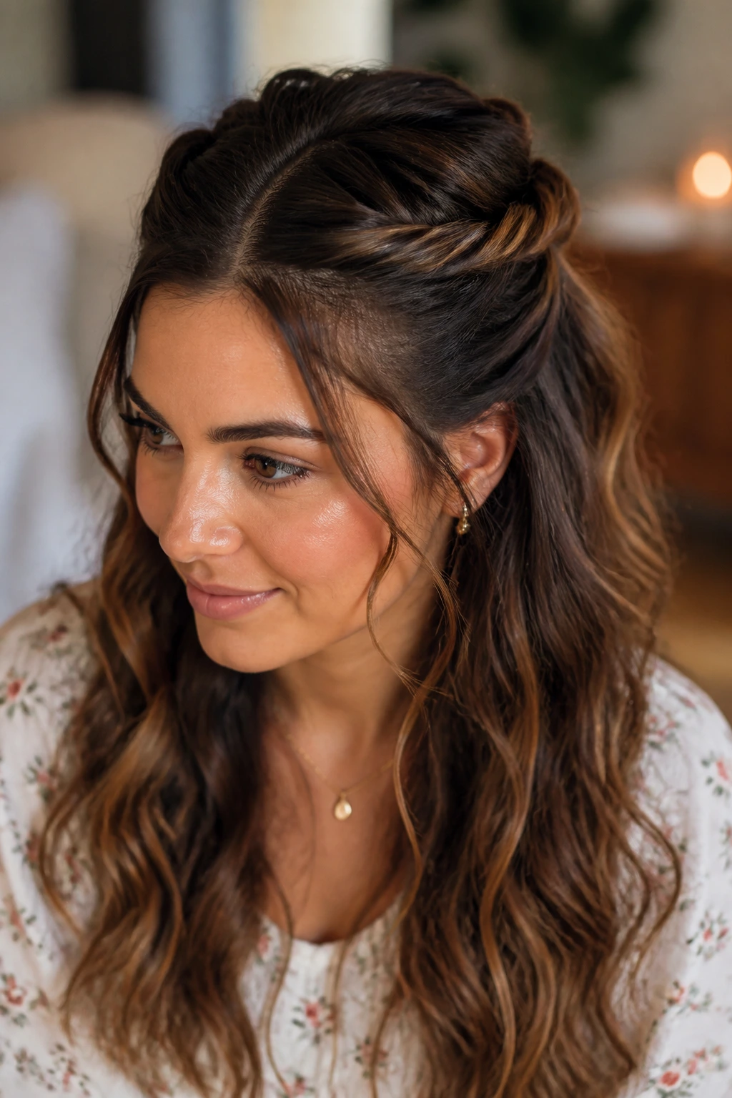 Close-up of a woman wearing a twisted half-up crown hairstyle.