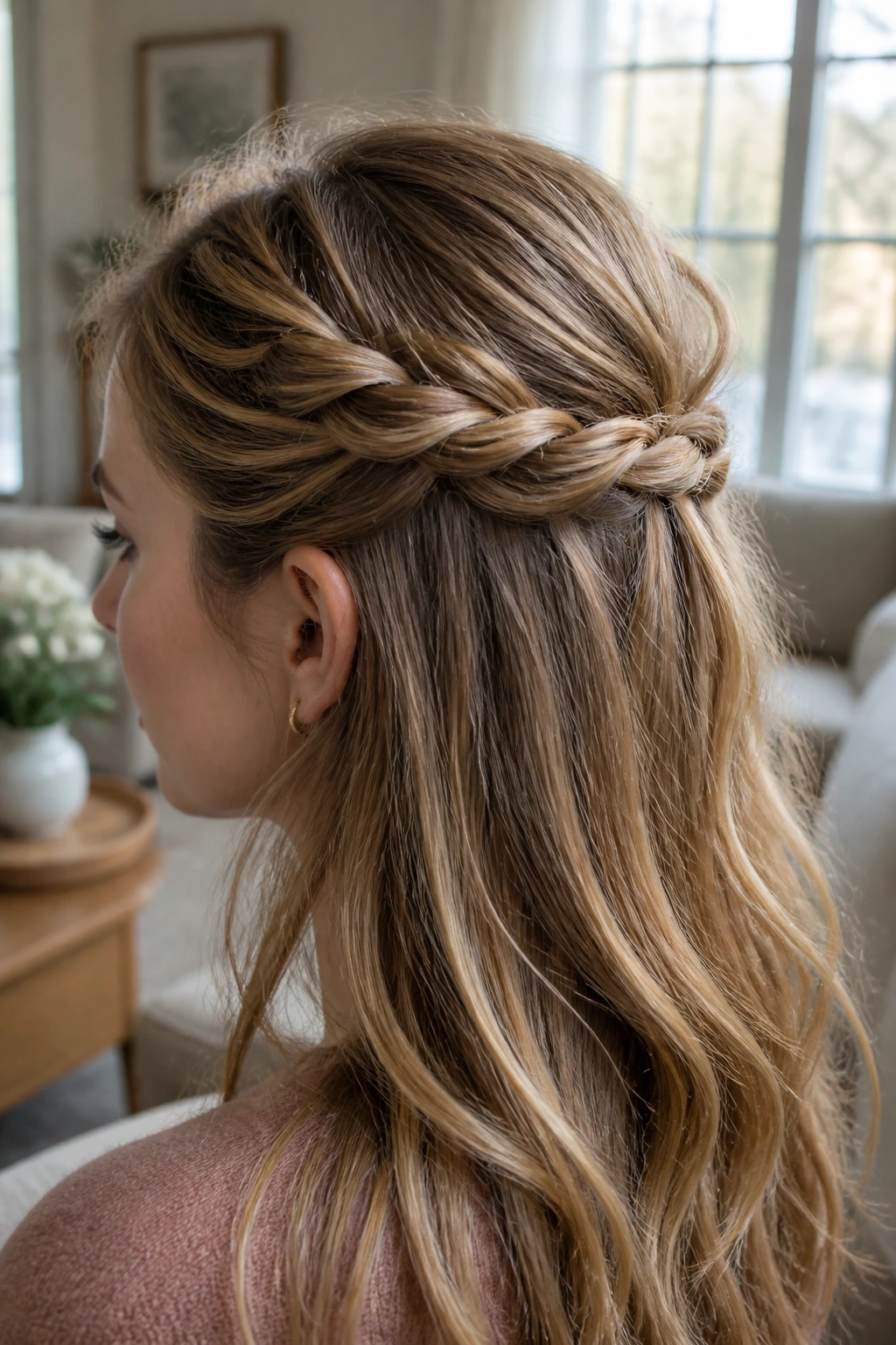Portrait of a woman with twisted half-up halo hairstyle, crown volume.