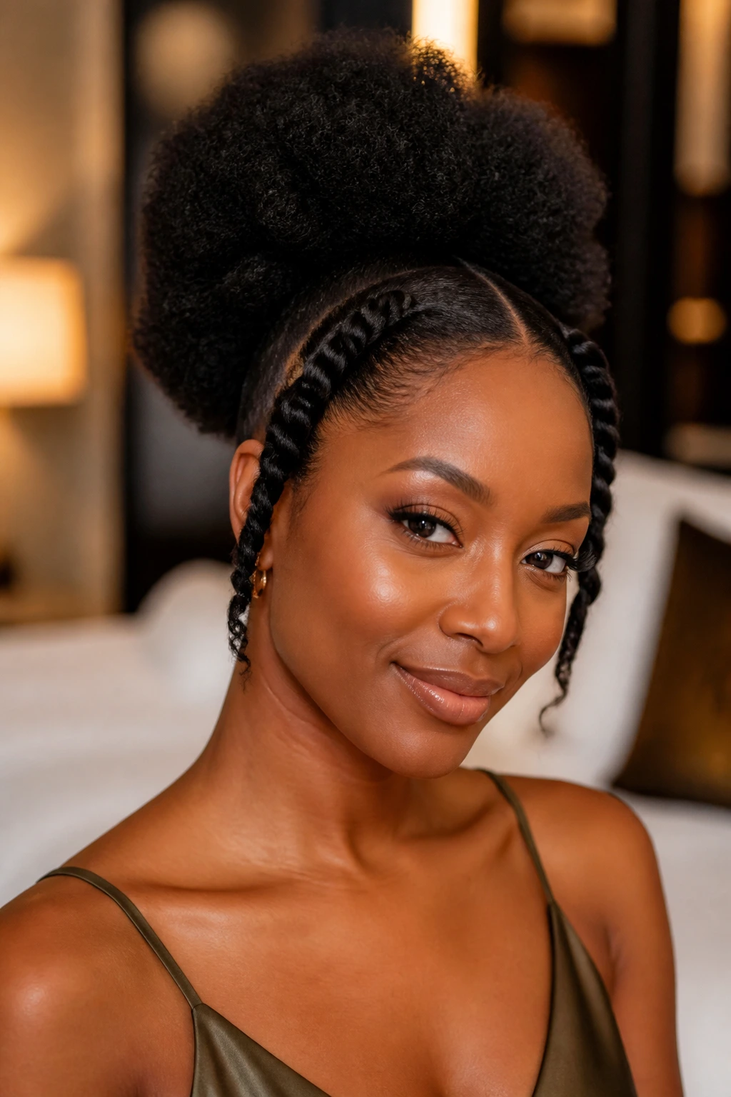 Close-up of a real person with a twisted halo and natural afro puff.