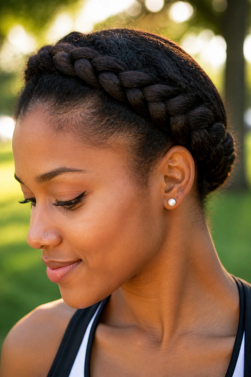 Real person wearing a twisted halo braid with two-strand twists around the head