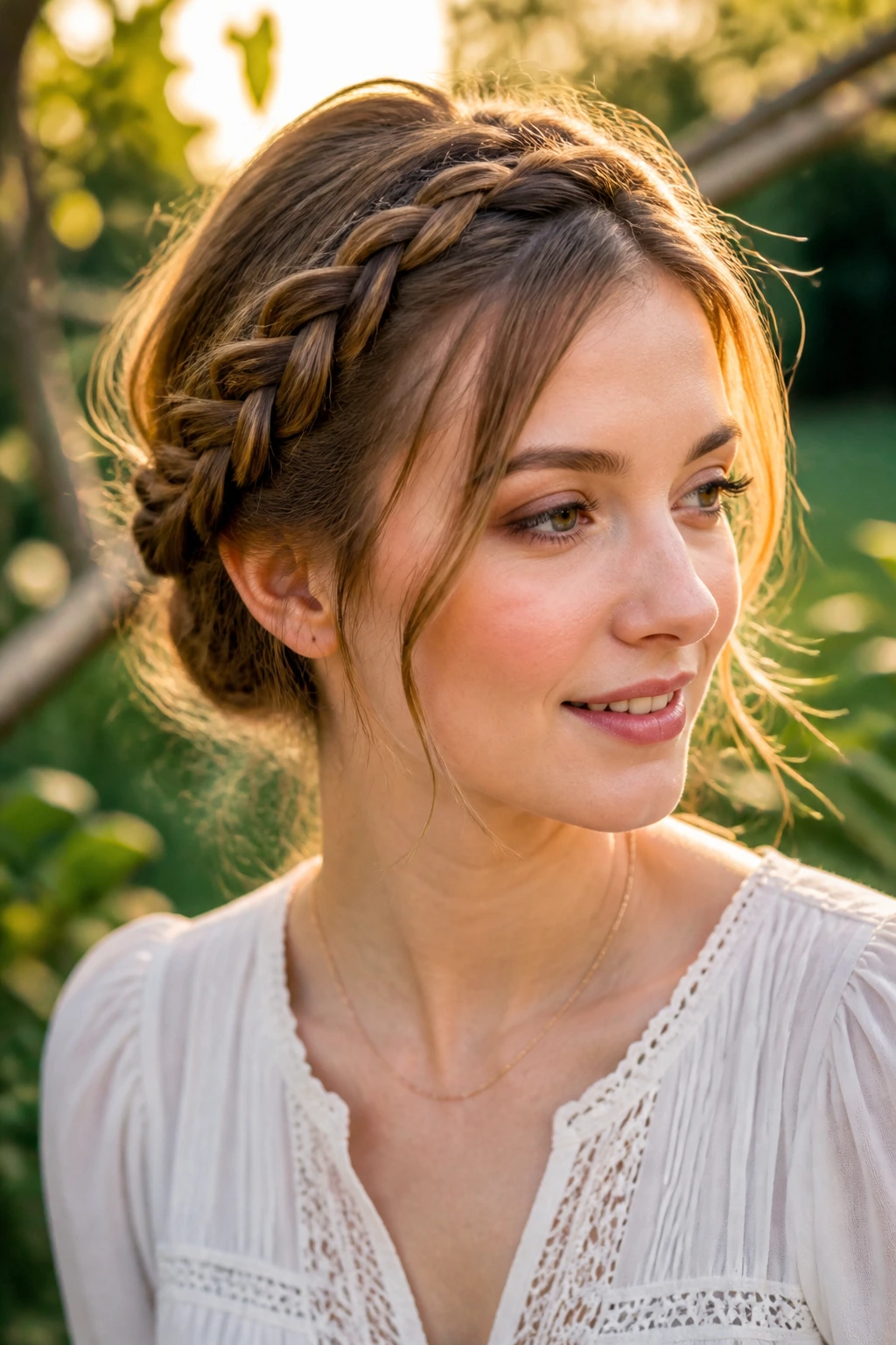 Close-up of a real woman wearing a twisted halo braid.
