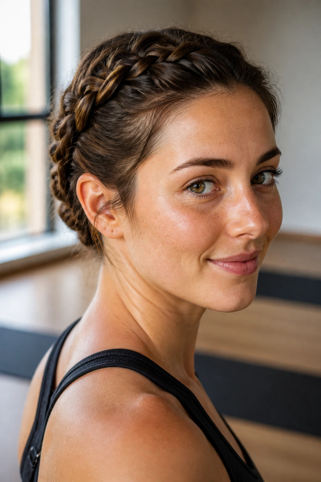 Close-up of a real person with short hair styled into two-strand halo braid around the head