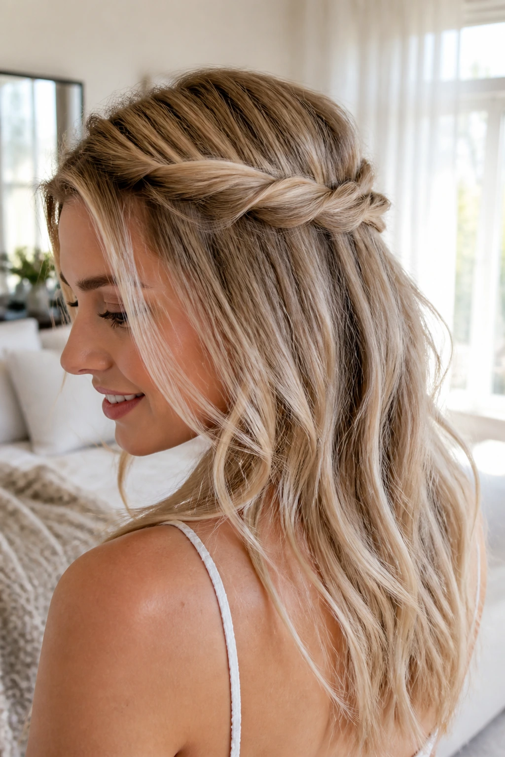 Close-up of a real woman with a twisted halo half-up hairstyle