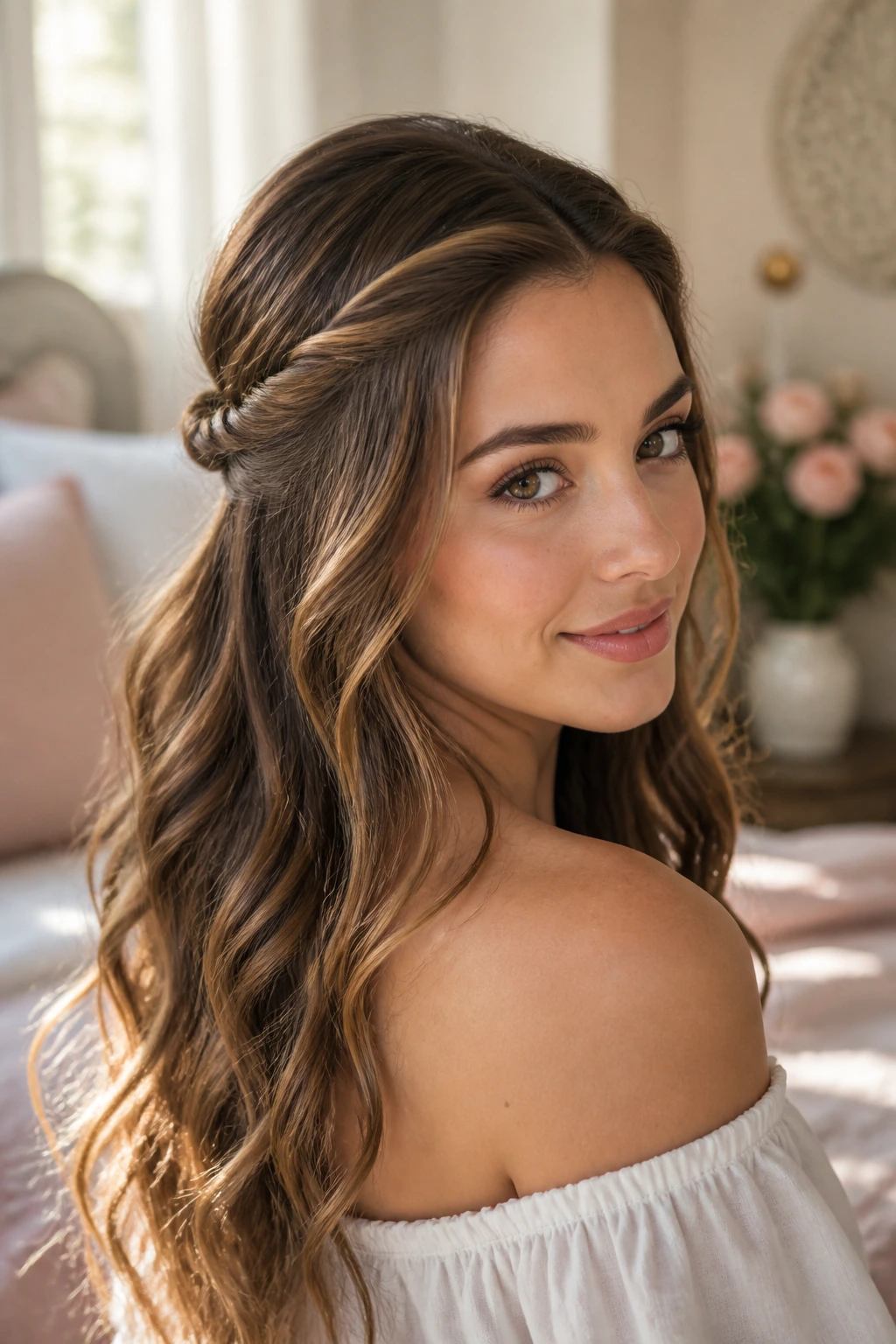 Real woman wearing a twisted halo half-up style with hair twisted into a crown around the head.
