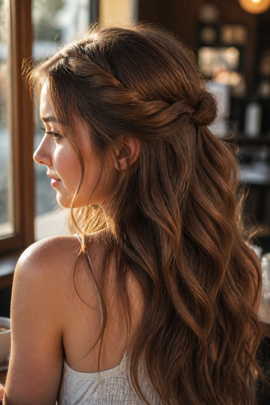 Close-up of a teen with a twisted halo half-up style in a cafe
