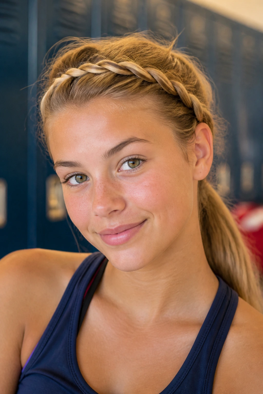 Close-up of a real student with a twisted halo headband braid across the hairline in a gym-like setting