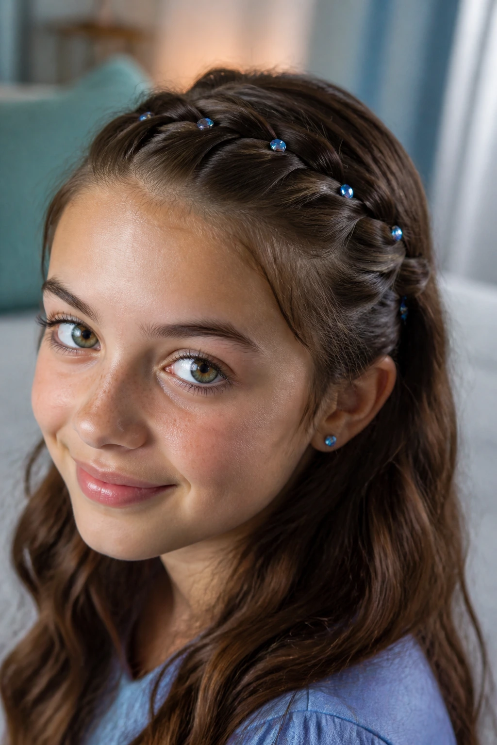 Close-up of a real person wearing a twisted headband with blue crystal pins in a softly lit room