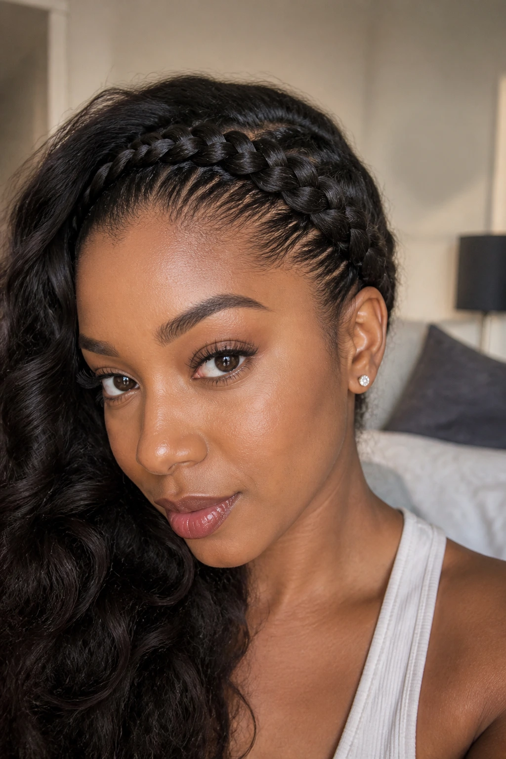 Close-up of a real woman wearing a twisted headband braid along the hairline.