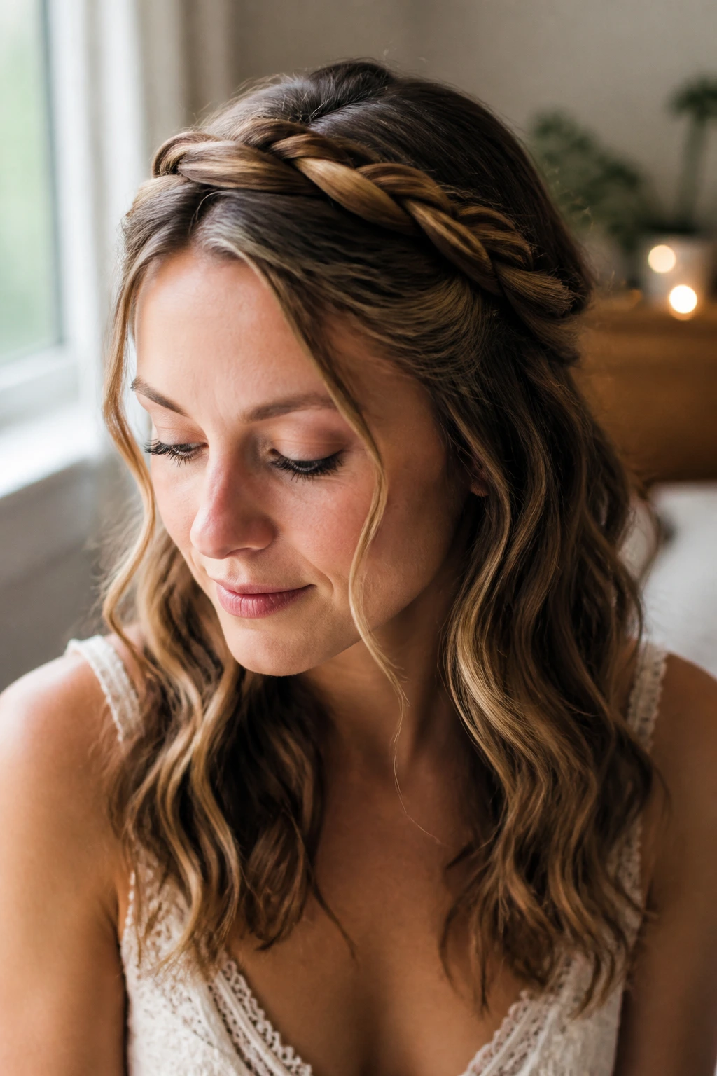 Close-up portrait of a woman wearing a twisted headband hairstyle with front loops and soft waves.