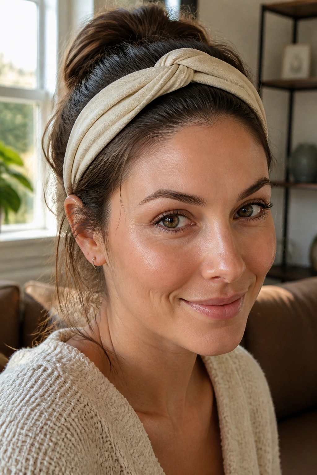 Close-up of a real woman wearing a twisted headband
