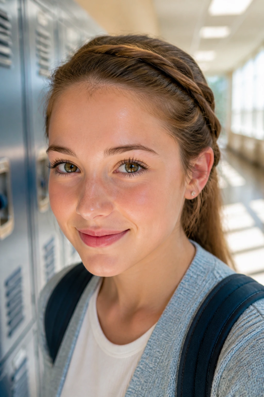 Close-up of student with double-twisted headband hairstyle in school hallway
