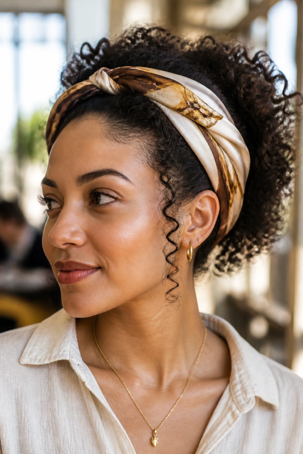 Close-up of a woman with twisted front sections and a scarf headband