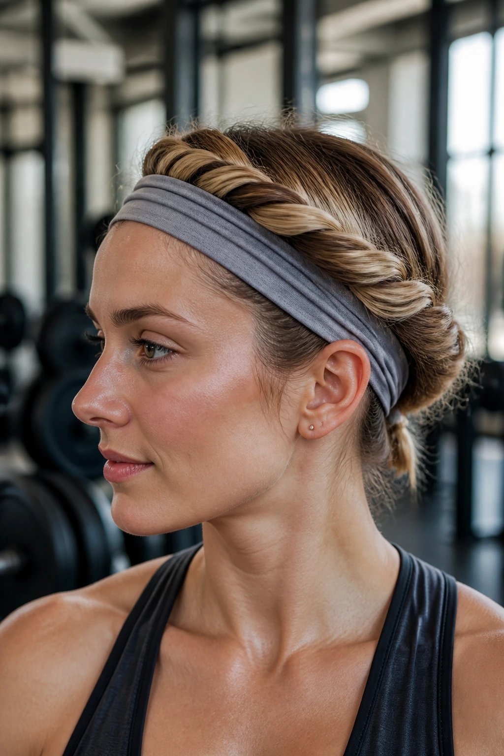 Close-up of twisted headband tuck hairstyle on a real person in gym