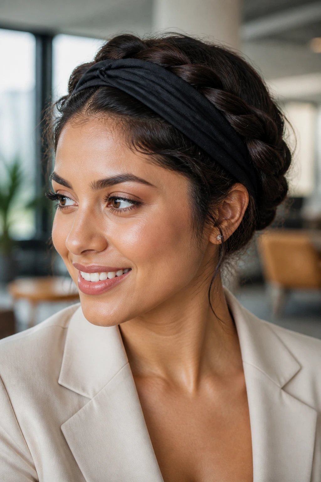 Close-up of a real woman with a twisted headband updo in a bright office lounge.